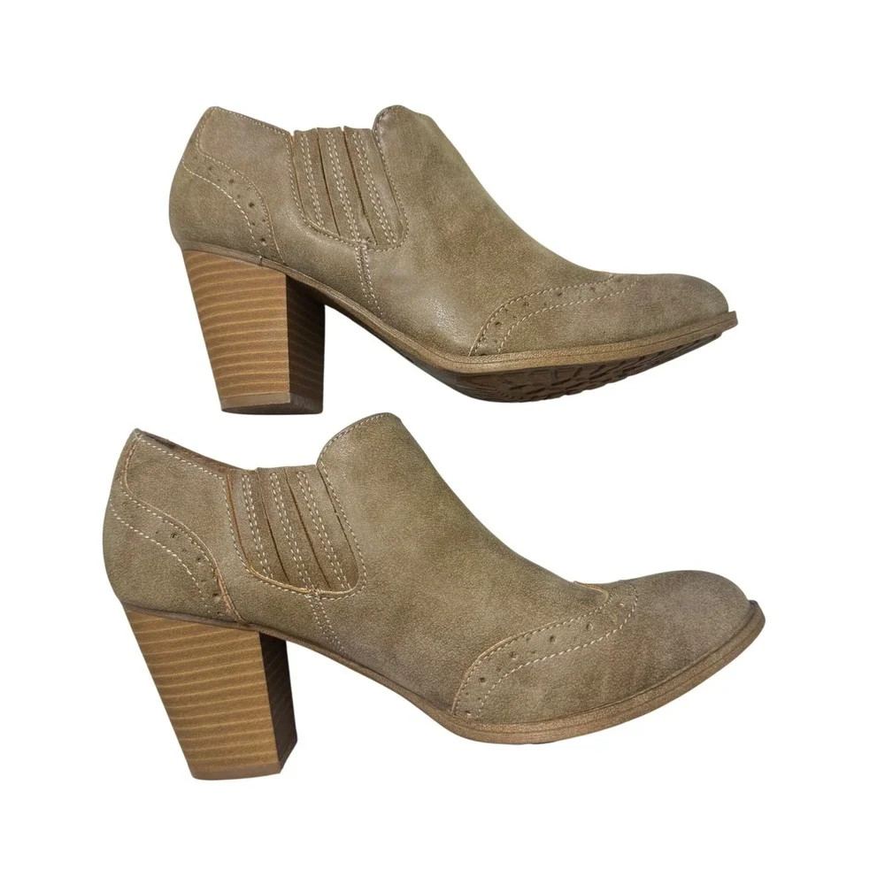 Eurosoft Ankle Boots Womens 8.5M Tan Fair Brogue Wingtip Stacked Heel Booties